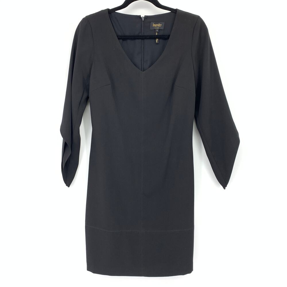 Laundry By Shelli Segal V-Neck Sheath Dress Womens Size 2 Black Draped Sleeves